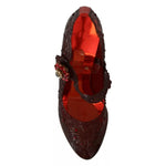 Dolce & Gabbana Red Floral Crystal Heels CINDERELLA Shoes, red PVC with multicolor crystals, top view, minor heel defect