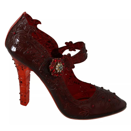 Dolce & Gabbana Red Floral Crystal Heels CINDERELLA Shoes with multicolor crystals, PVC material, and rubber sole.