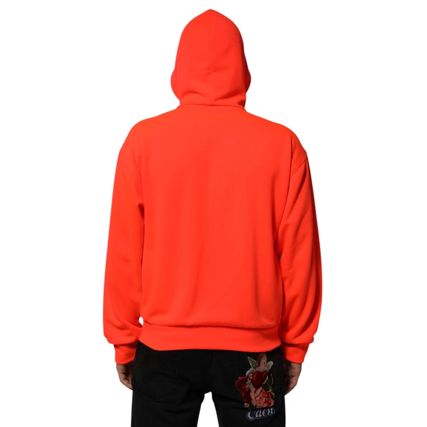 Back view of Dolce & Gabbana Red Fluorescent Polyester Logo Patch Hoodie Sweater.