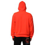 Back view of Dolce & Gabbana Red Fluorescent Polyester Logo Patch Hoodie Sweater.