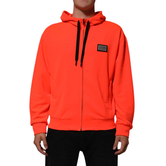 Dolce & Gabbana Red Fluorescent Polyester Logo Patch Hoodie Sweater modeled front view