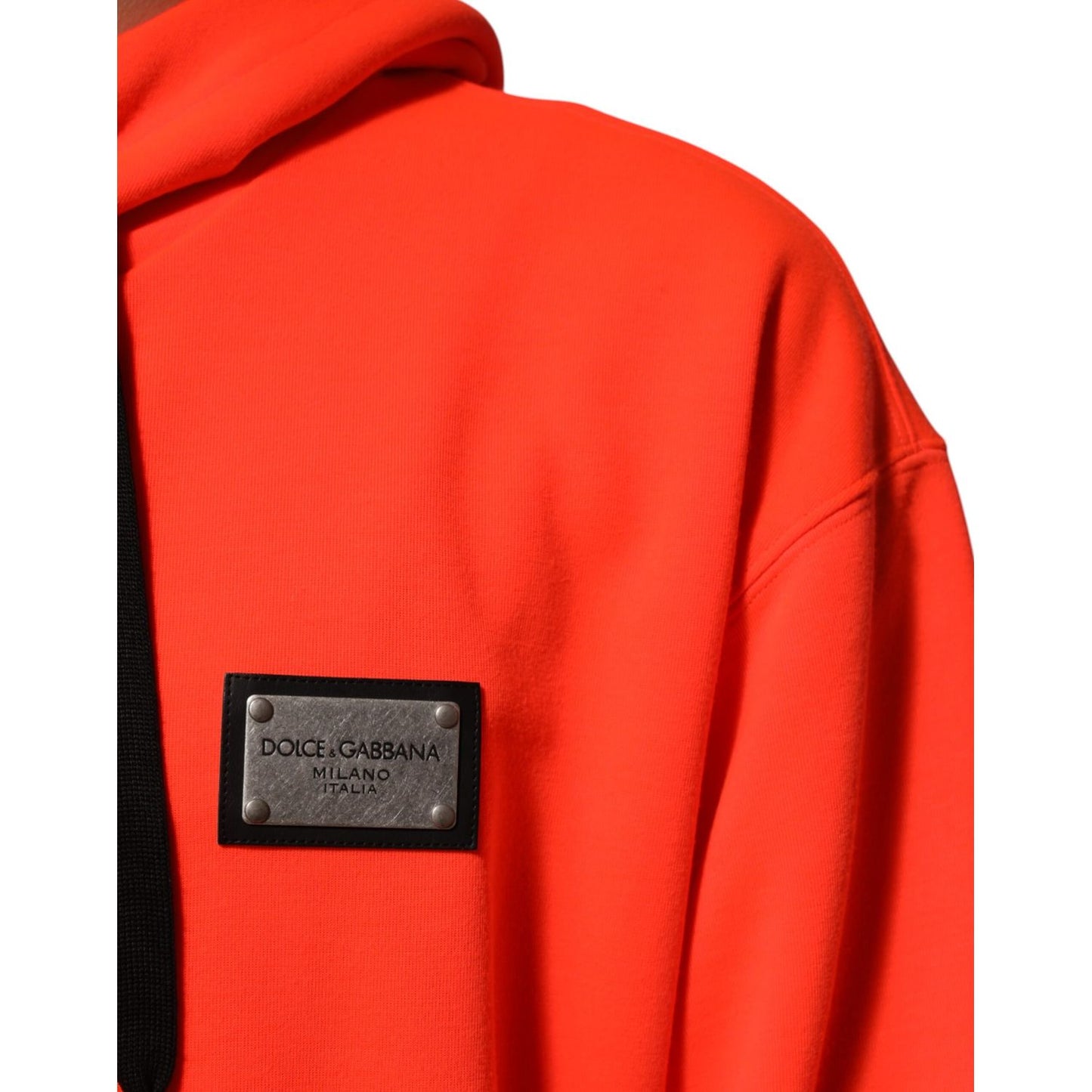 Dolce & Gabbana Red Fluorescent Polyester Logo Patch Hoodie Sweater with brand logo detail.