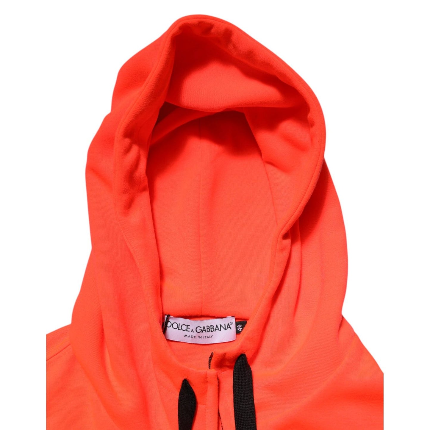 Dolce & Gabbana Red Fluorescent Polyester Logo Patch Hoodie Sweater showing label and hood detail