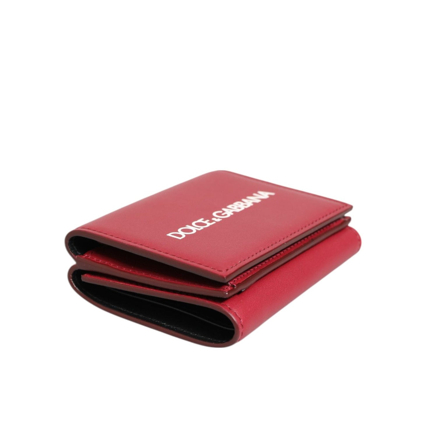 Dolce & Gabbana Red Leather Bold Logo Print Trifold Card Holder Wallet, Italian-crafted luxury, vivid red calfskin with white logo.