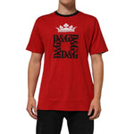 Dolce & Gabbana Red Logo Crown Cotton Short Sleeves T-shirt on model with iconic D&G and crown design, classic crew neck.