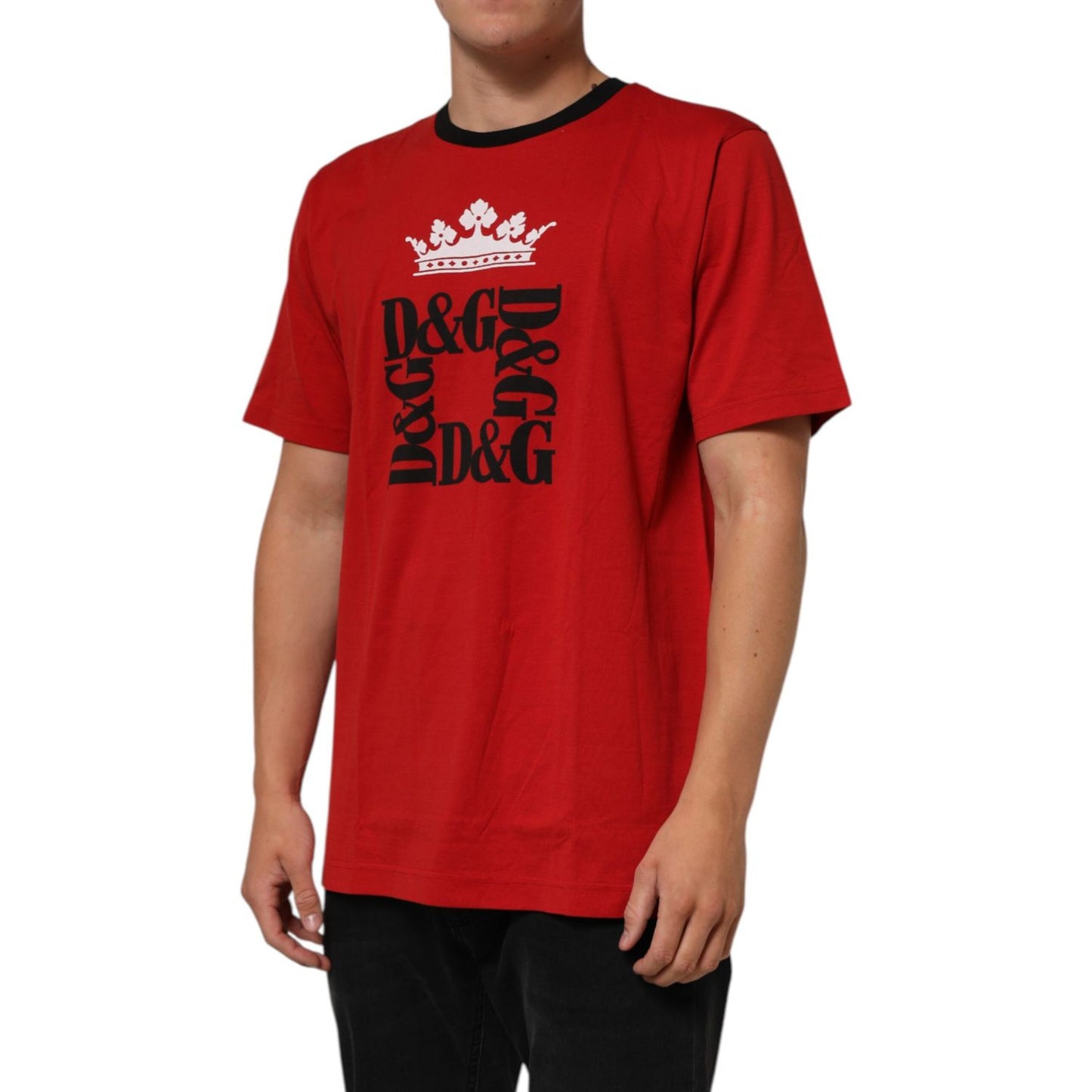 Dolce & Gabbana Red Logo Crown Cotton Short Sleeves T-shirt with iconic black logo and crown on front, worn by a model.