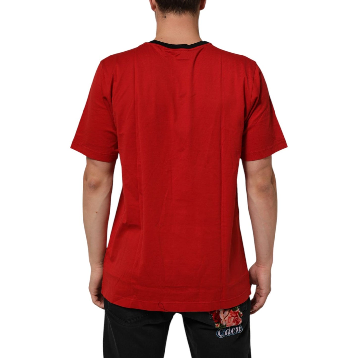 Back view of Dolce & Gabbana Red Logo Crown Cotton Short Sleeves T-shirt showcasing premium cotton and regular fit design.