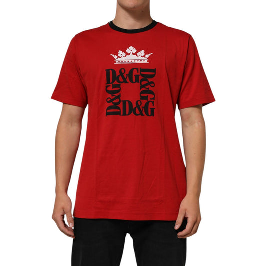 Dolce & Gabbana Red Logo Crown Cotton Short Sleeves T-shirt on model with iconic D&G and crown design, classic crew neck.