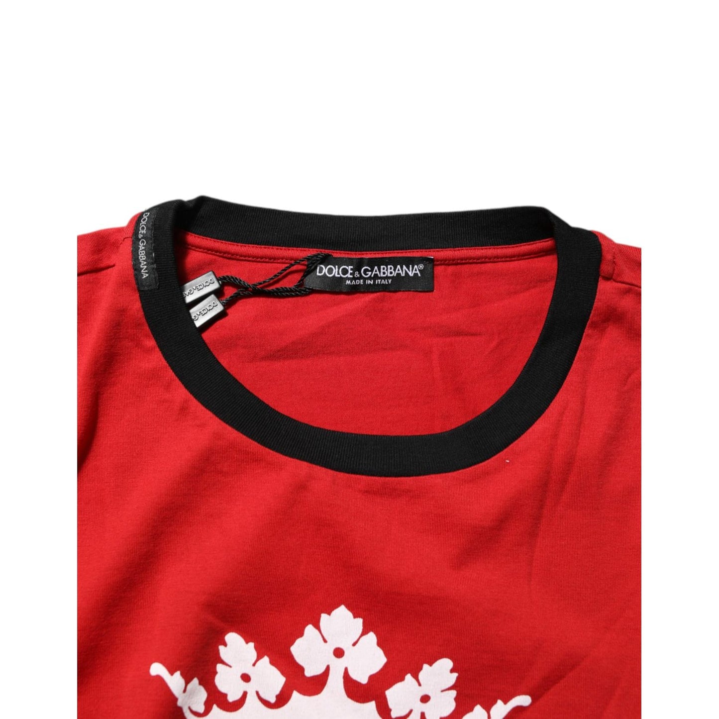 Dolce & Gabbana Red Logo Crown Cotton Short Sleeves T-shirt with crew neck detail, made in Italy, showcasing luxury and style.