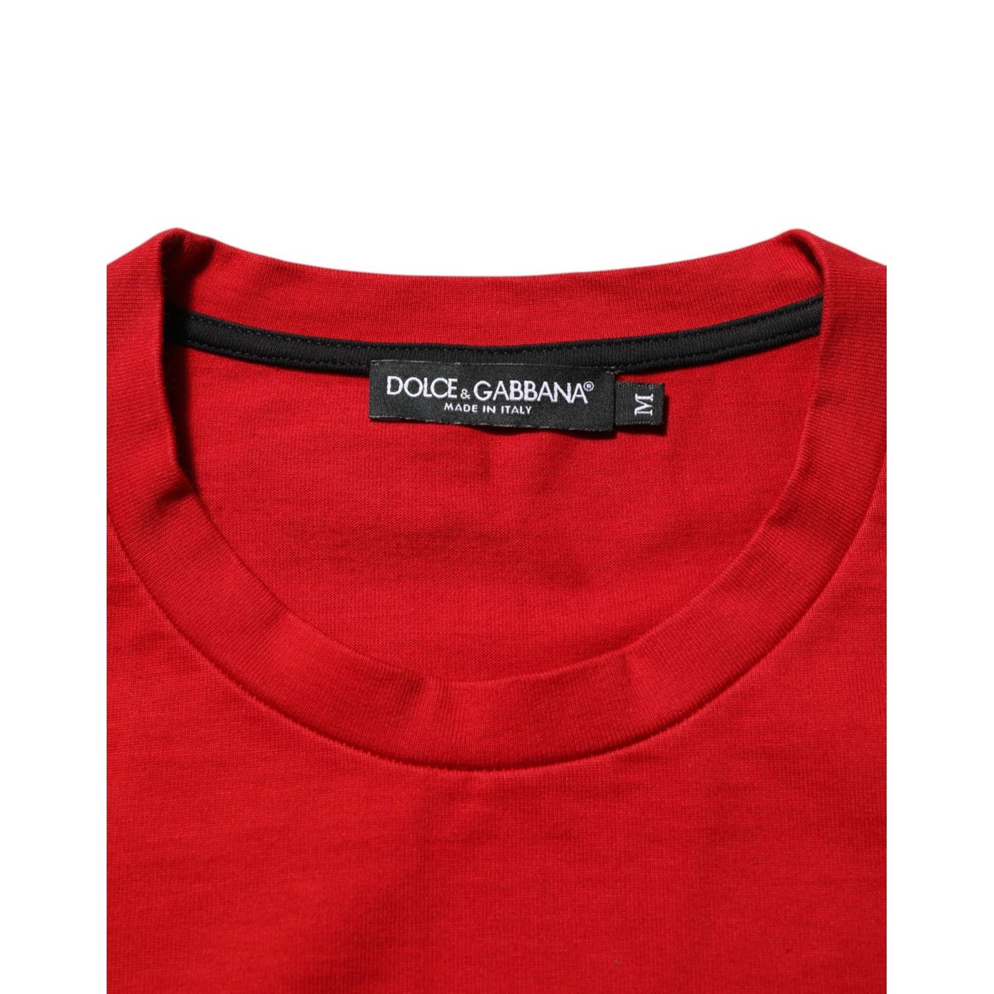 Dolce & Gabbana Red Logo Eye Print Cotton Short Sleeve T-shirt, close-up of neckline with visible brand label.