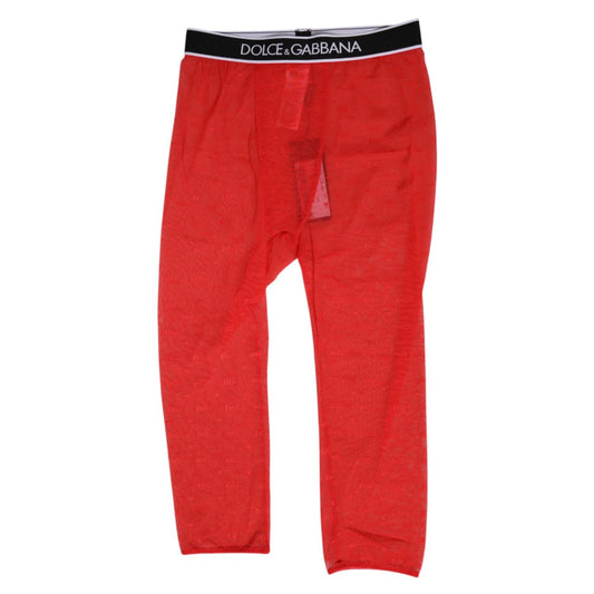 Dolce & Gabbana Red Logo Lace Tight Midi Trousers Underwear with elastic waistband and DG logo pattern displayed.