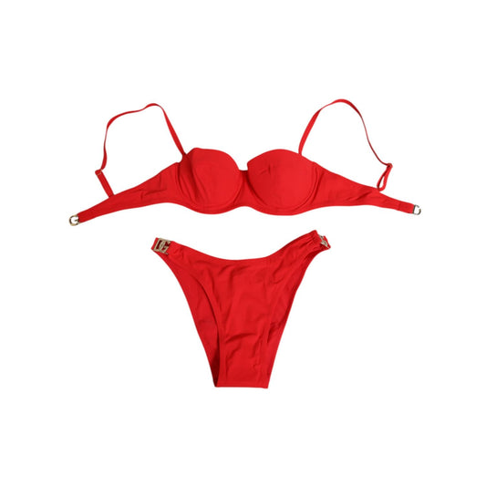 Dolce & Gabbana Red Nylon Swimsuit 2 Piece Top Bottom Swimwear with logo details, made in Italy, sleek and flattering fit.