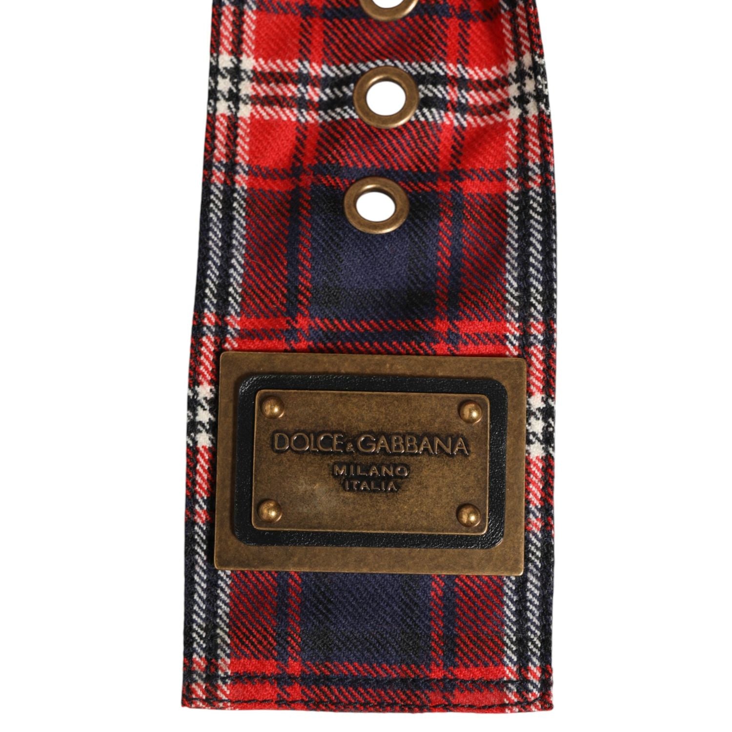 Dolce & Gabbana Red Plaid Fabric Logo Plate Brass Buckle Belt