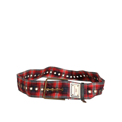 Dolce & Gabbana Red Plaid Fabric Logo Plate Brass Buckle Belt