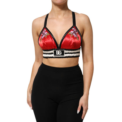 Dolce & Gabbana Red Satin Floral Embroidered Bralette Crop Top