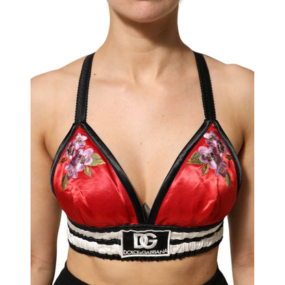Dolce & Gabbana Red Satin Floral Embroidered Bralette Crop Top