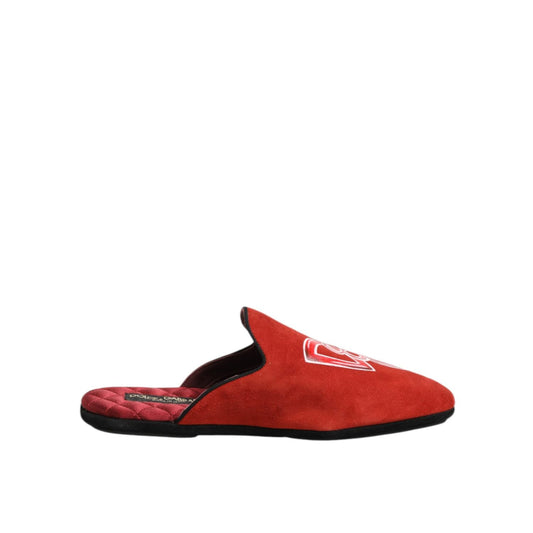Dolce & Gabbana Red Suede DG King Men House Slippers Shoes with logo detail on side view.