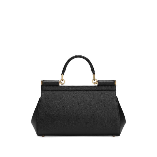 Dolce & Gabbana Sicily Medium Handbag in black leather with foldover top, push-lock fastening, single handle, and detachable strap.