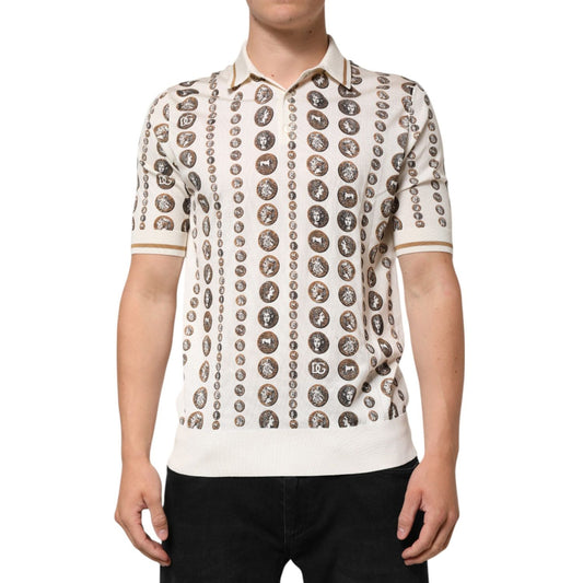 Dolce & Gabbana Silk Ivory Coin Print Logo Men Polo T-shirt TSH90496-44