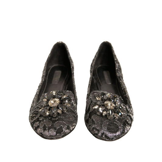 Dolce & Gabbana Silver Crystal Loafer Lace Ballet Flats Shoes with floral lace and crystal buckle design.