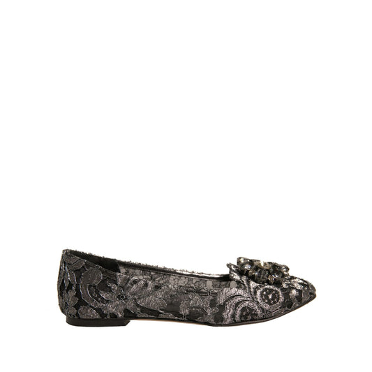 Dolce & Gabbana Silver Crystal Loafer Lace Ballet Flats Shoes with floral lace design and sparkling crystal buckle.