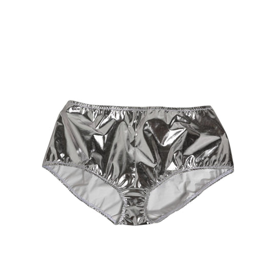 Dolce & Gabbana Silver Metallic High Waist Bikini Bottom Women Underwear, luxury Italian swimwear, bold fashion statement.