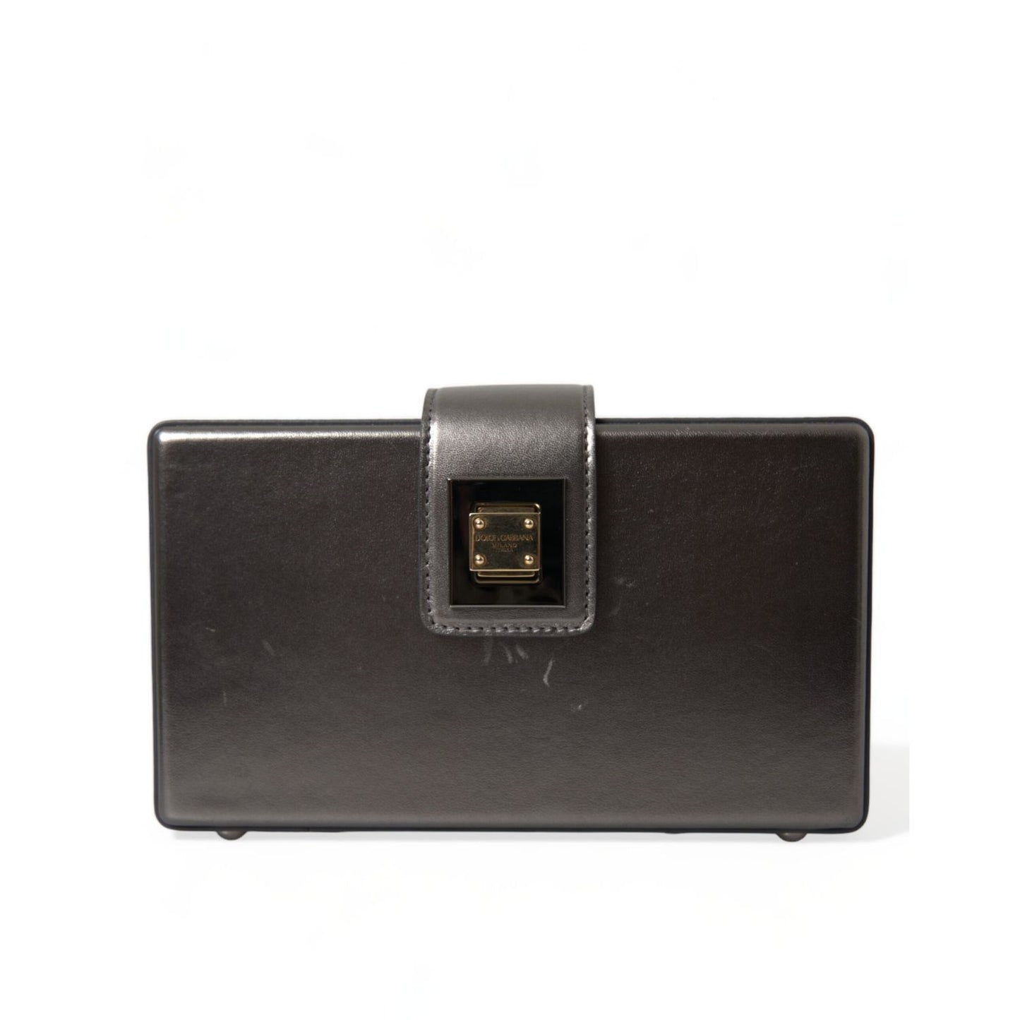 Dolce & Gabbana Steel Gray Leather Box Shape Shoulder Gold DG Logo Plaque Bag, front view