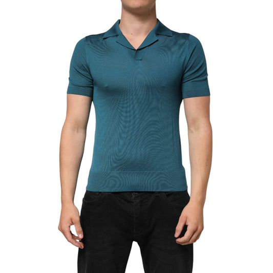 Dolce & Gabbana Teal Blue Silk Collar Short Sleeve Polo T-shirt TSH91071-46