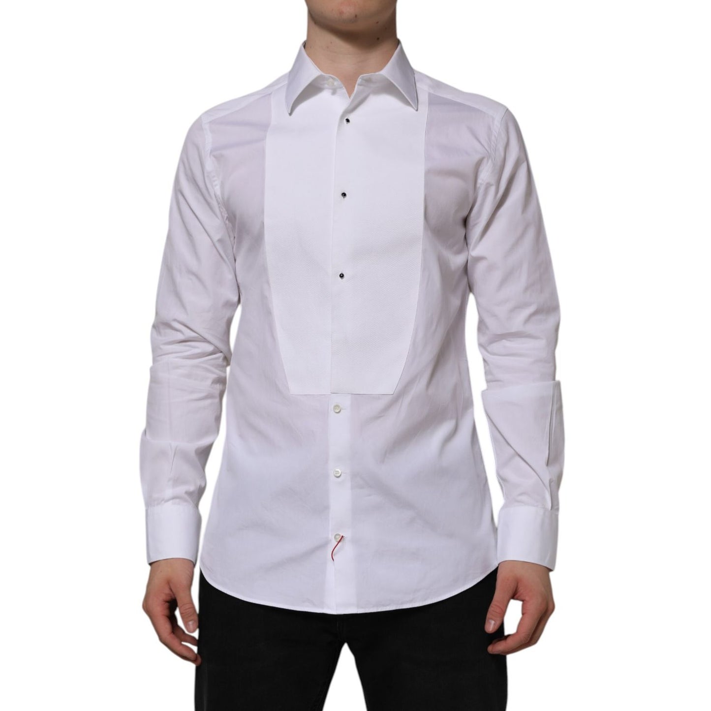 Dolce & Gabbana White Bib Cotton Popline GOLD Men Formal Shirt with slim fit and full button closure.