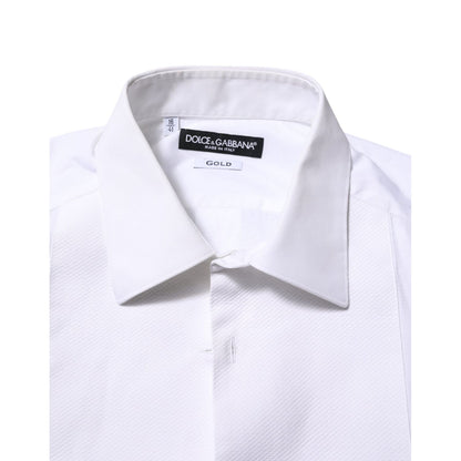 Dolce & Gabbana White Bib Cotton Popline GOLD Men Formal Shirt with classic neck and button closure
