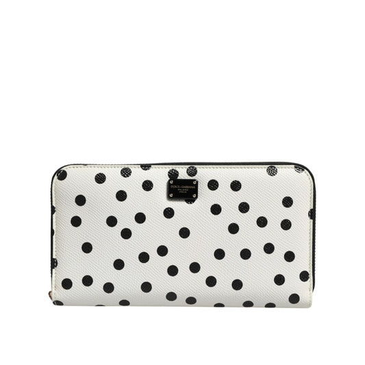 Dolce & Gabbana White Black Dotted Leather Zip Around Continental Wallet BAG4697