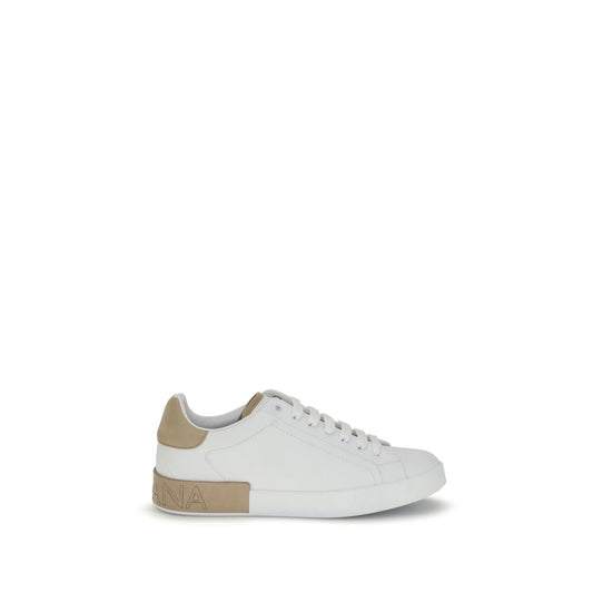 Dolce & Gabbana White Calf Leather Bos Taurus Low Top Sneakers with brown logo stripe and heel detail, round toe, lace-up style