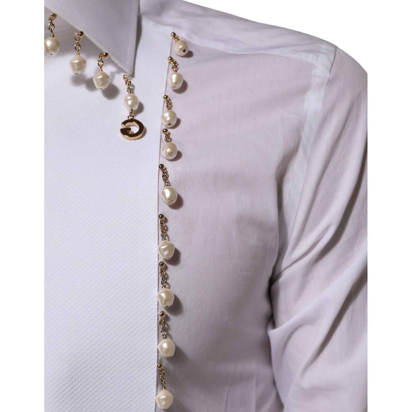 Dolce & Gabbana White Cotton DG Logo Pearl GOLD Formal Shirt