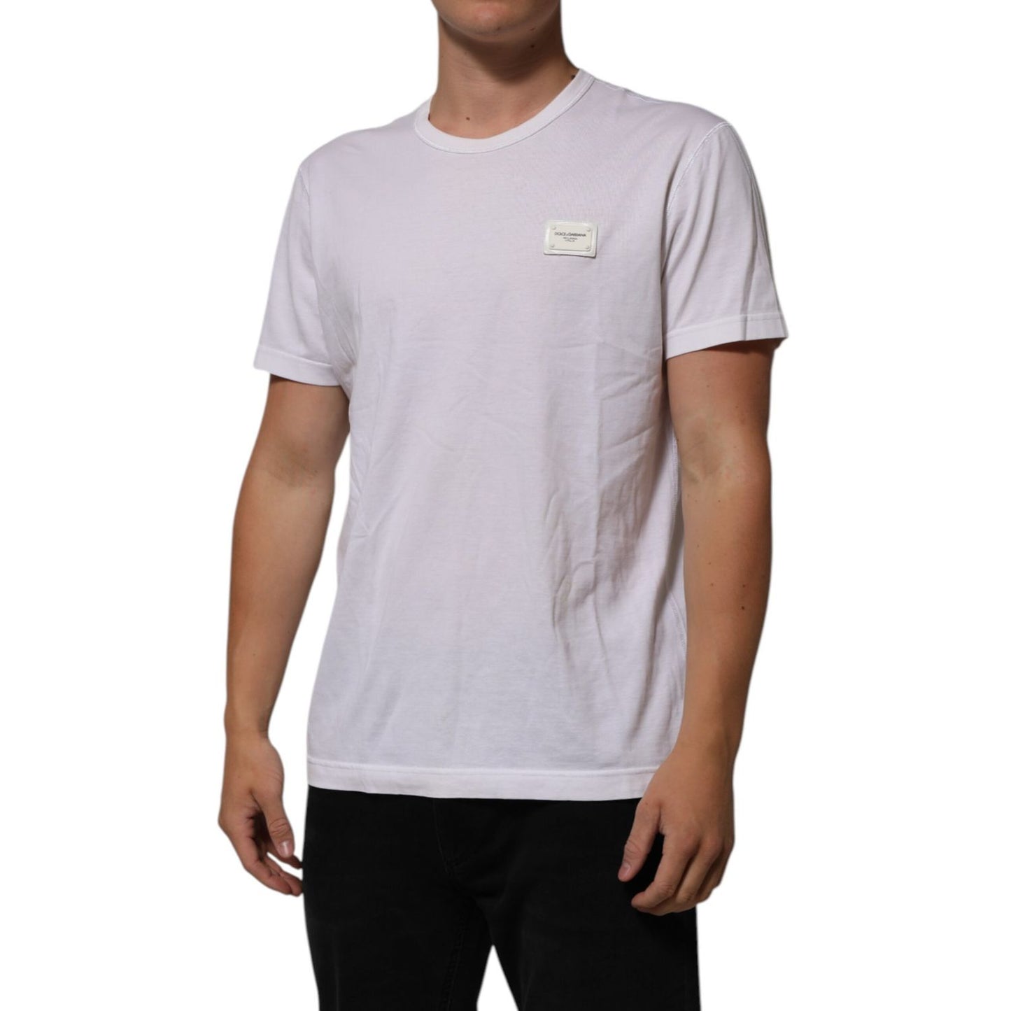 Dolce & Gabbana White Cotton Logo Patch Crew Neck Men T-shirt