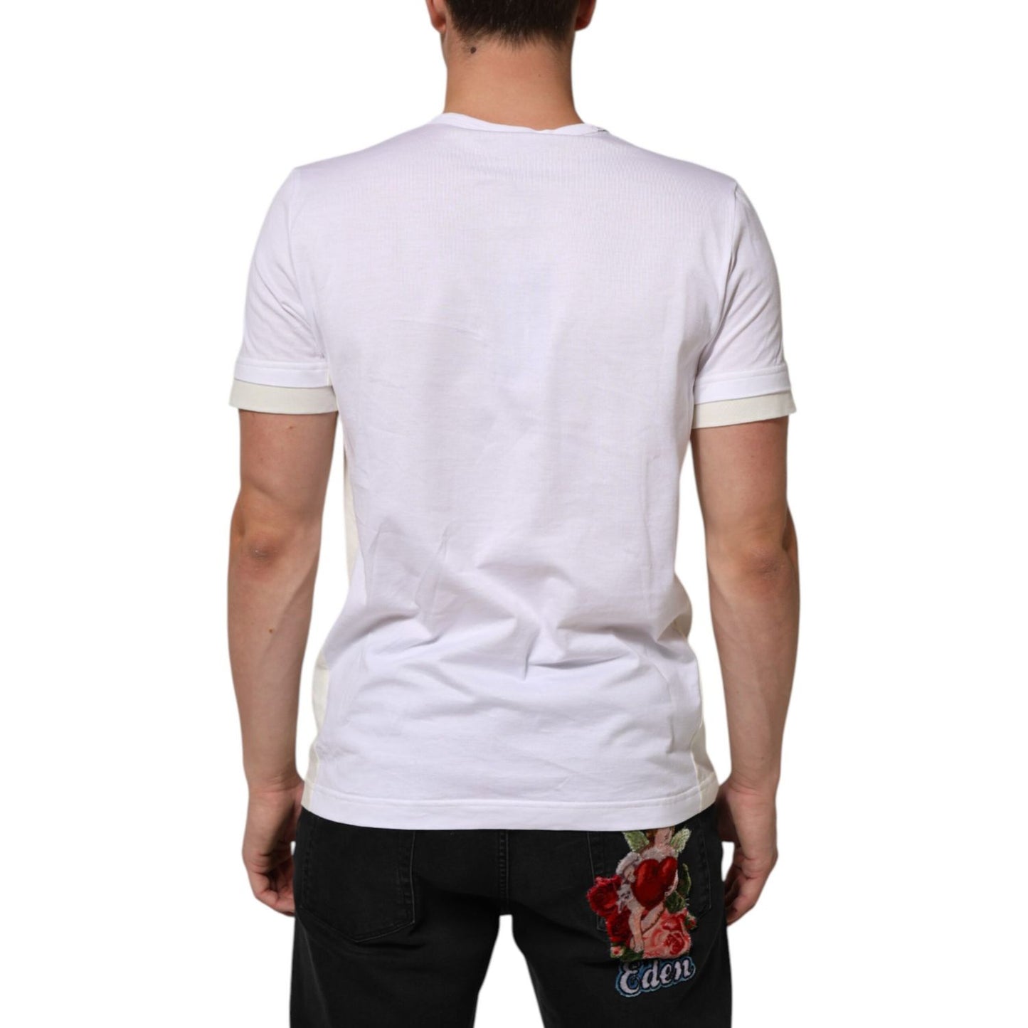 Back view of a Dolce & Gabbana White Cotton Pocket Short Sleeves Men T-shirt, featuring short sleeves and a regular fit.