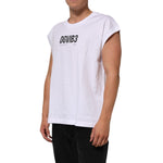 Dolce & Gabbana White Cotton Sleeveless Printed Tank T-shirt on male model showing logo detail.