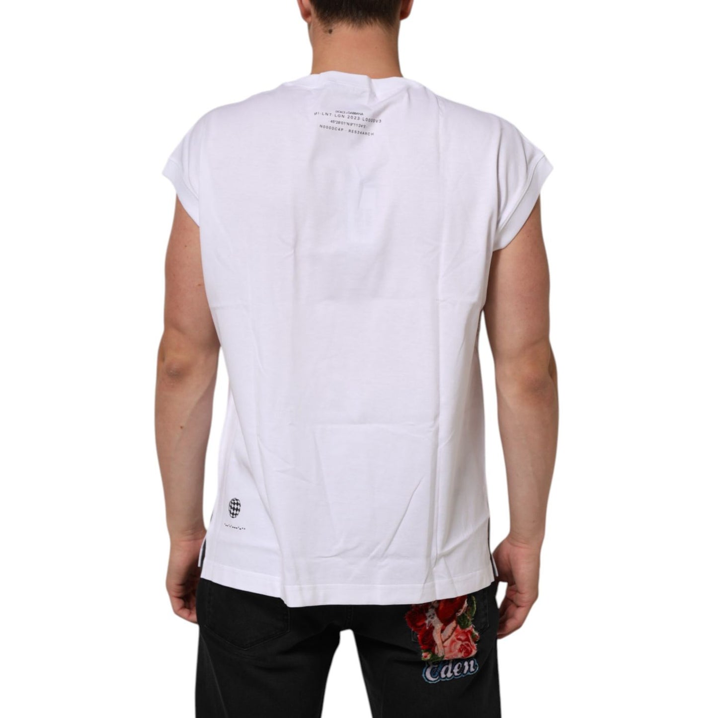 Dolce & Gabbana White Cotton Sleeveless Printed Tank T-shirt back view with all-over print, made in Italy.