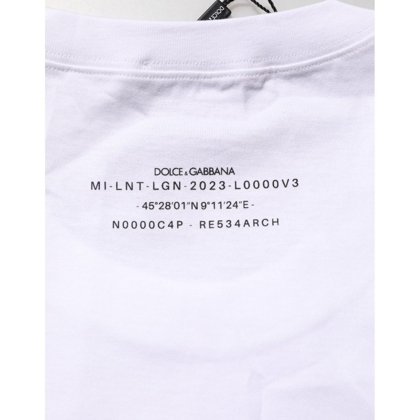 Back view of Dolce & Gabbana White Cotton Sleeveless Printed Tank T-shirt showing label and coordinates.