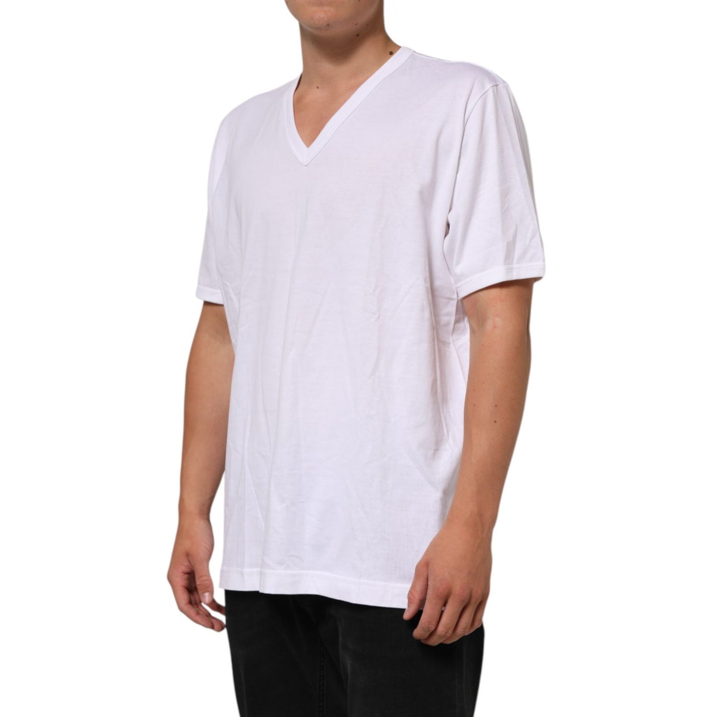 Dolce & Gabbana White Cotton V-Neck Short Sleeves T-shirt for men, breathable and versatile outfit.
