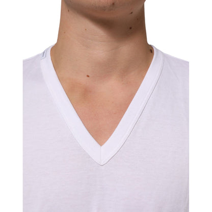 Dolce & Gabbana White Cotton V-Neck Short Sleeves T-shirt close-up on model's neckline.