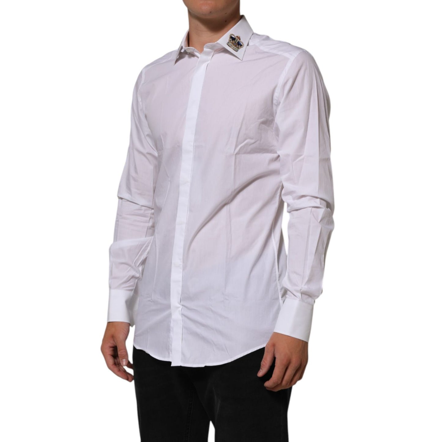 Dolce & Gabbana White Crown Collared GOLD Formal Dress Shirt with long sleeves, ideal for upscale events and crafted from premium cotton.