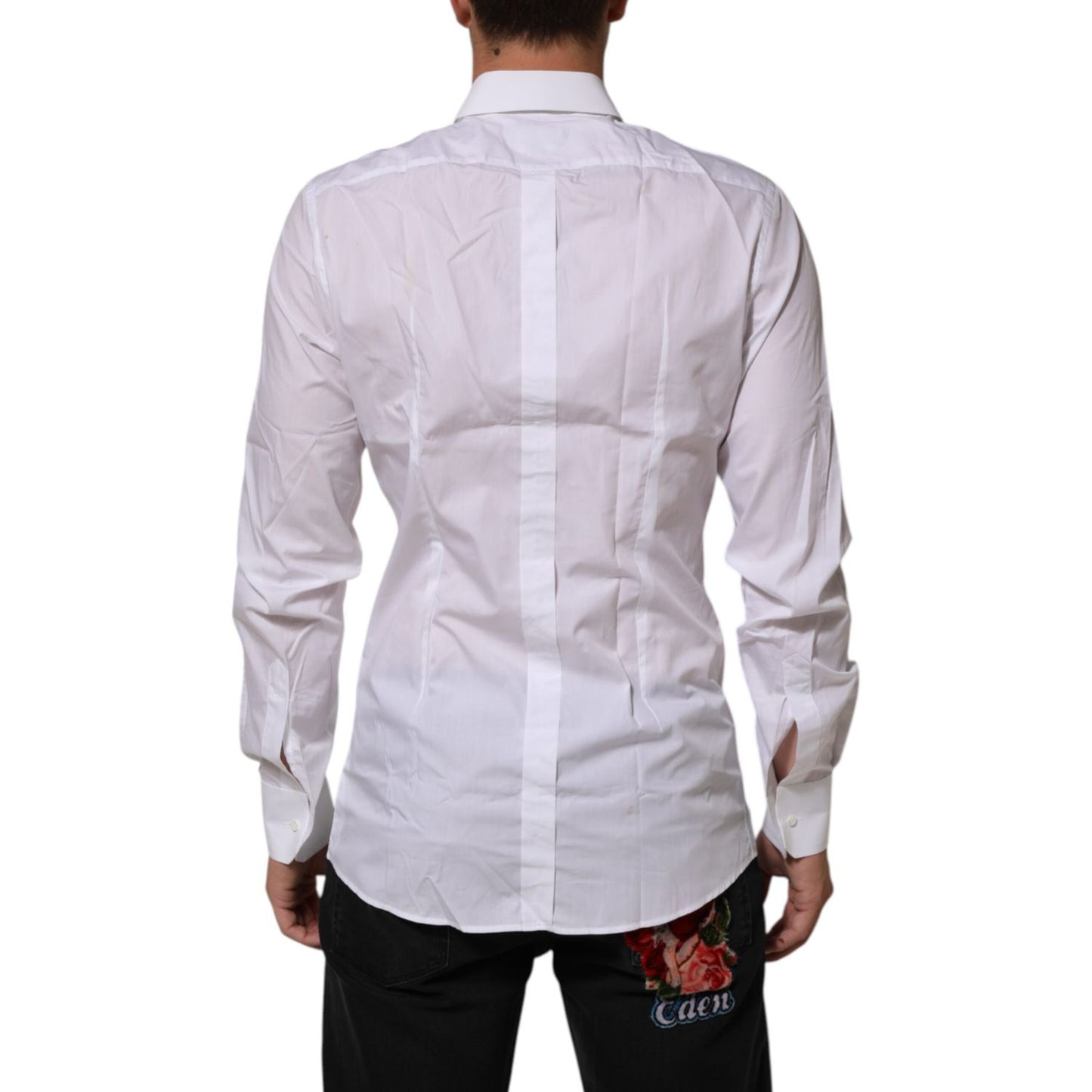 Back view of Dolce & Gabbana White Crown Collared GOLD Formal Dress Shirt showcasing long sleeves and classic collar design.