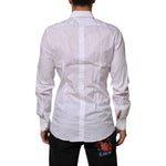 Back view of Dolce & Gabbana White Crown Collared GOLD Formal Dress Shirt showcasing long sleeves and classic collar design.