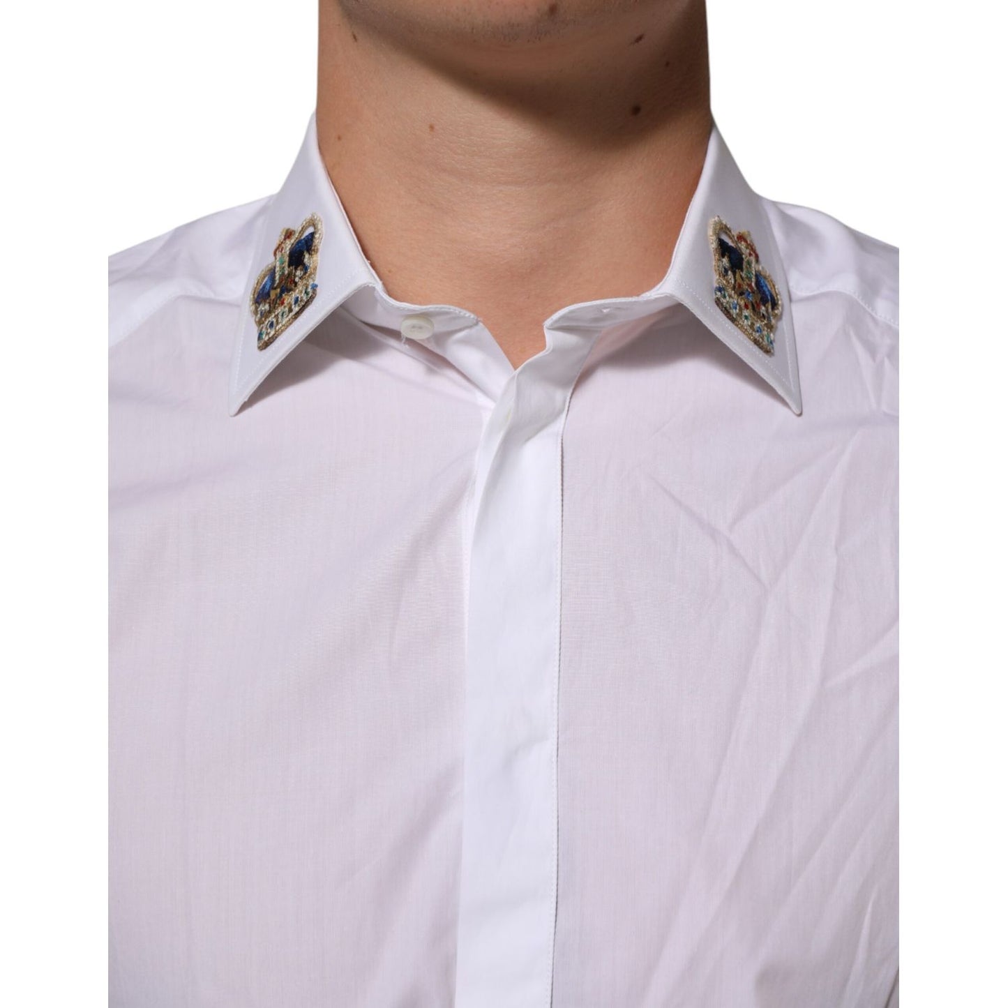 Dolce & Gabbana White Crown Collared GOLD Formal Dress Shirt with gold accents and intricate crown design for upscale occasions.