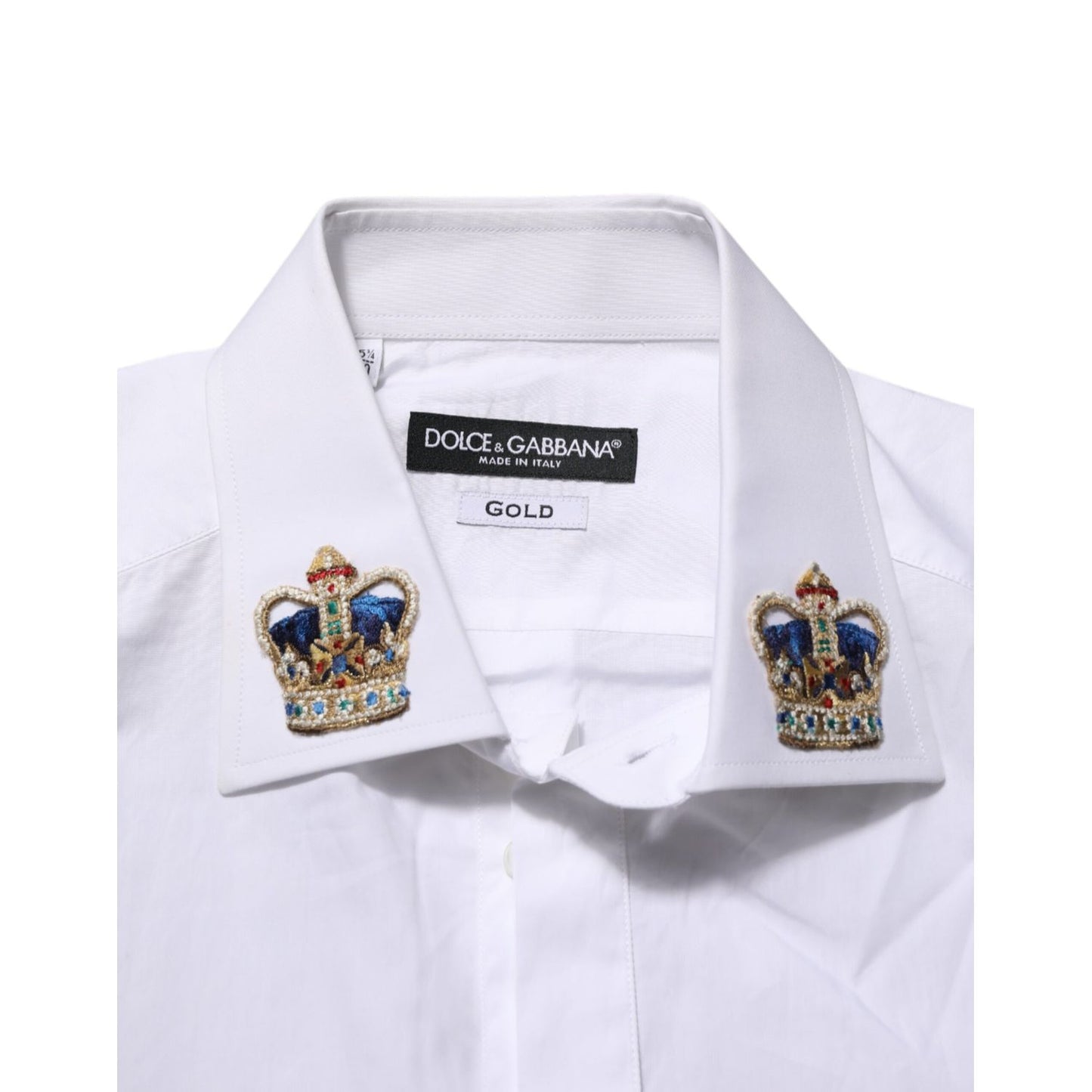 Dolce & Gabbana White Crown Collared GOLD Formal Dress Shirt with gold crown motifs on the collar, luxury fashion attire.