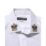 Dolce & Gabbana White Crown Collared GOLD Formal Dress Shirt with gold crown motifs on the collar, luxury fashion attire.