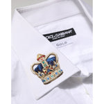 Dolce & Gabbana White Crown Collared GOLD Formal Dress Shirt with royal crown motif and gold accents, luxury fashion detail.