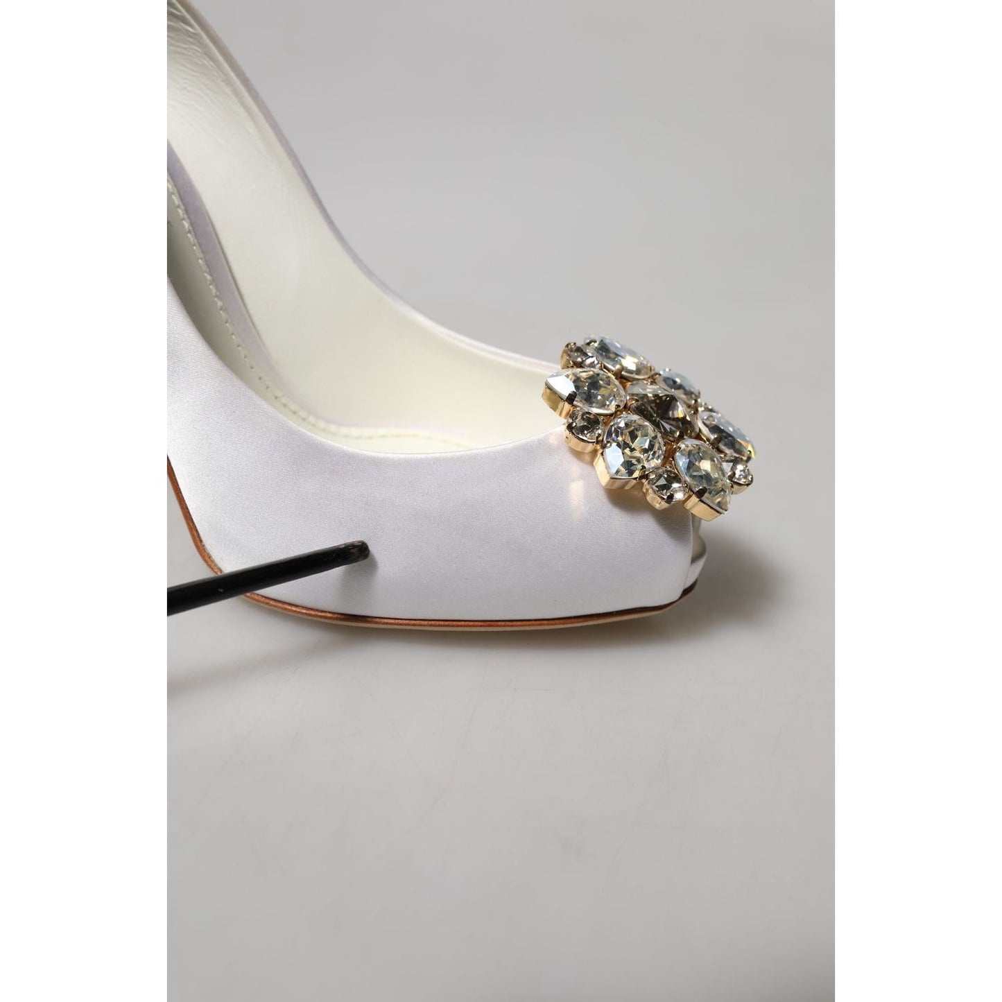 Dolce & Gabbana White Crystals Peep Toe Satin Pumps Shoes
