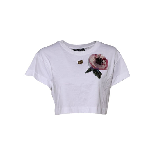 Dolce & Gabbana White Floral Lace DG Detailing Cropped T-shirt TSH90666-40