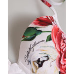 Dolce & Gabbana White Floral Print Halter Bikini Top Swimwear with vibrant floral design and logo detail.